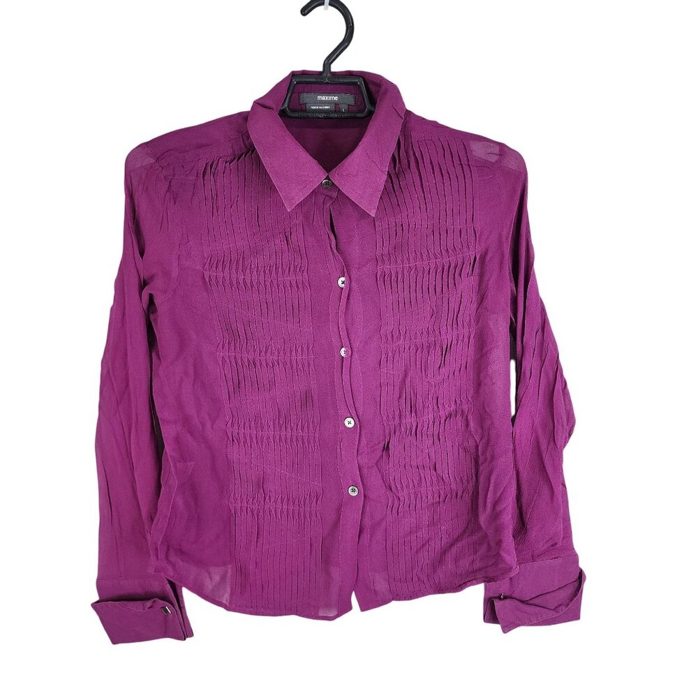 Womens Purple Maxime 100% Silk Shirt Sheer Button Down Cuffed Long Sleeve Size L